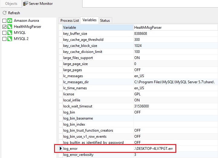 registro de fallas de mysql en windows