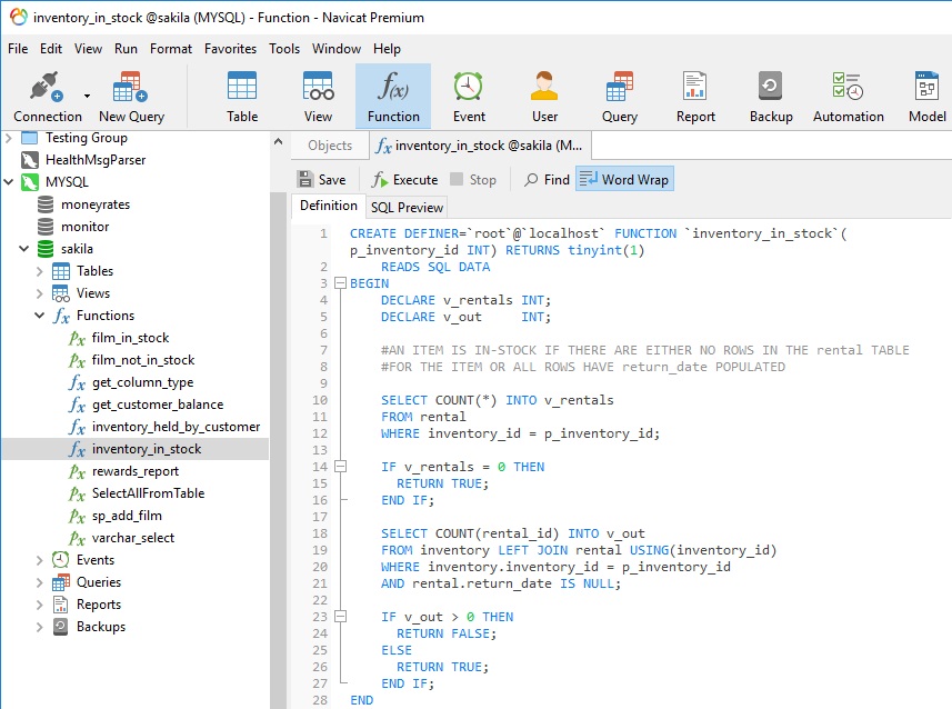 Window function SQL. Sakila database. Call user function